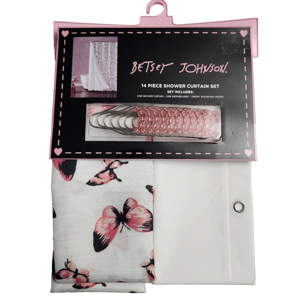 Betsey Johnson Butterfly Printed 14nPc Shower Curtain Set White Pink Gray